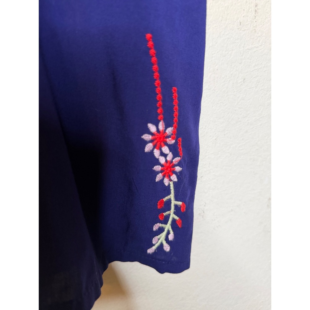 Navy Blue Embroidered Floral Boho 100% Cotton Blouse Top 1XL 3/4 Sleeve Peasant - Picture 12 of 13